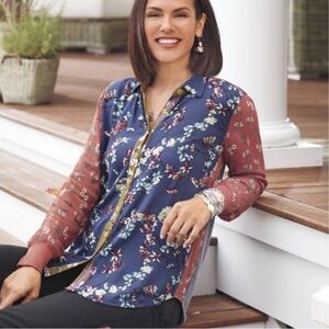 Floral Boho Striped Mixed Media Colorful Patchwork Cozy Buttondown Blouse Top